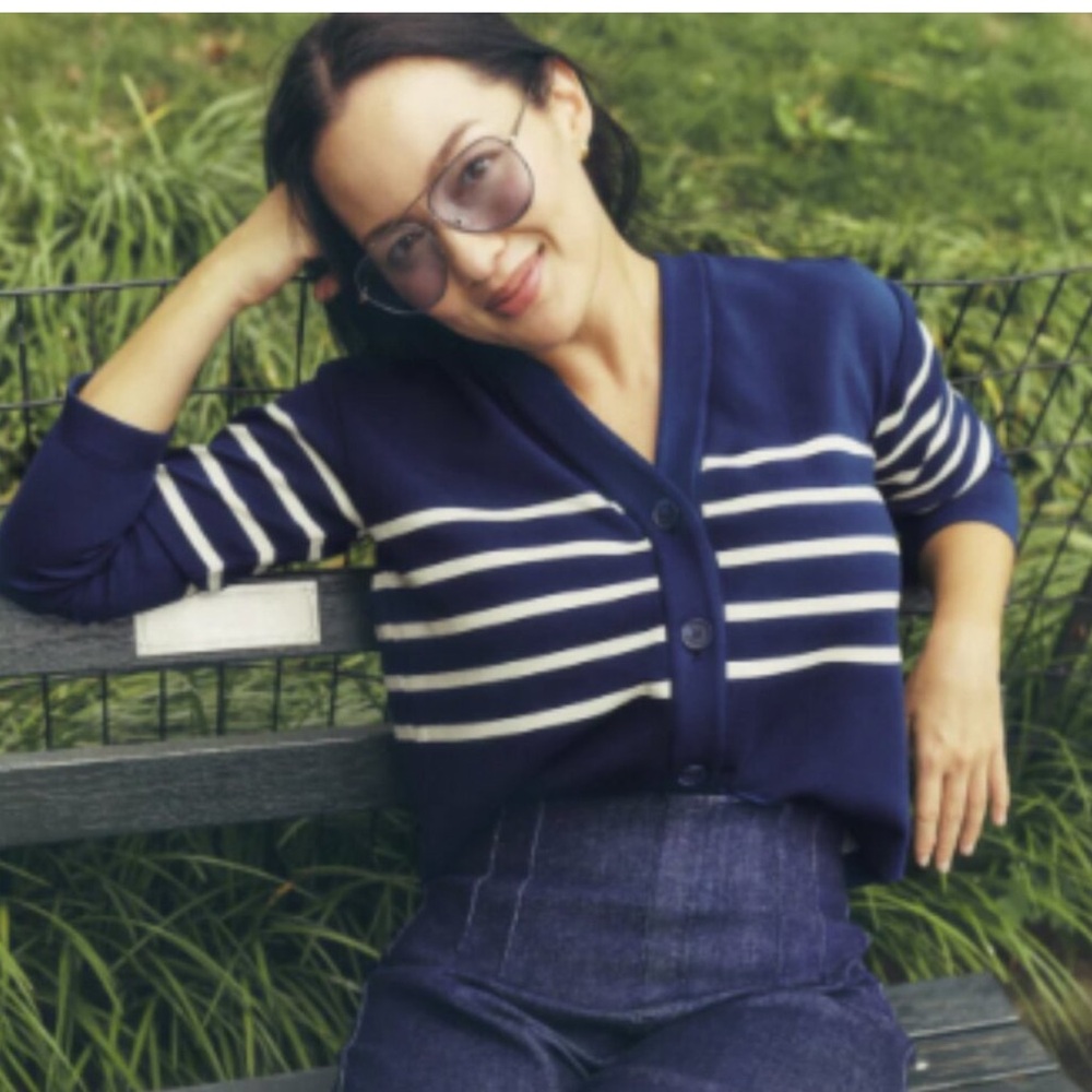 Spanx AirEssentials Navy and White Striped Cardigan Sweater brand new